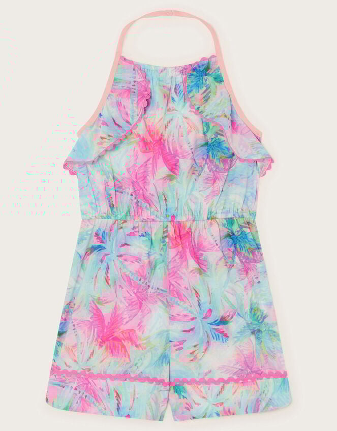 Frill Palm Print Halter Playsuit, Blue (TURQUOISE), large