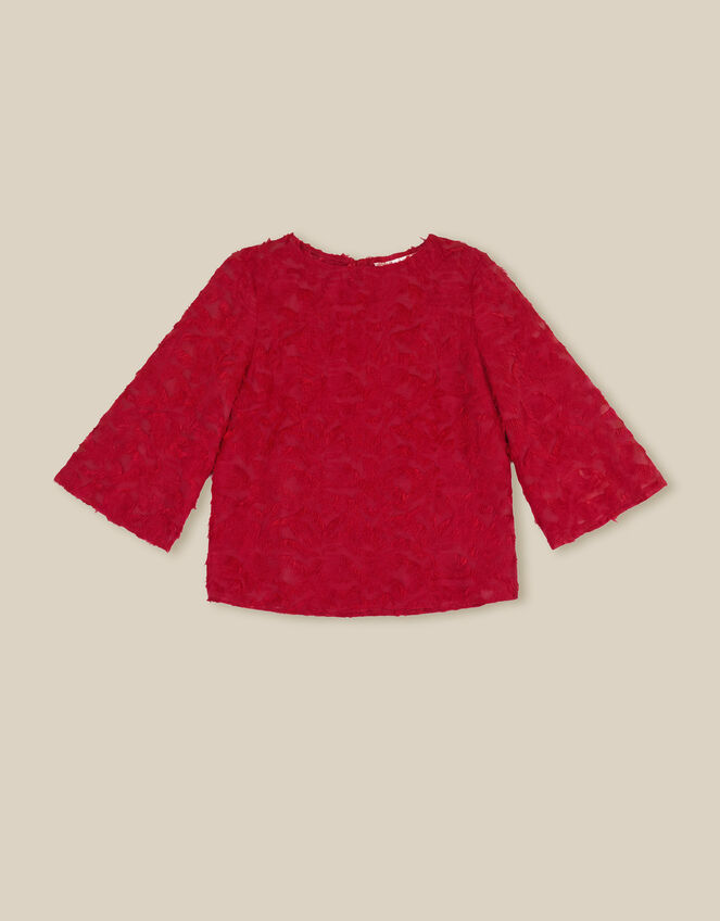 Chrissy Bell Sleeve Textured Fringe Top, Red (RED), large