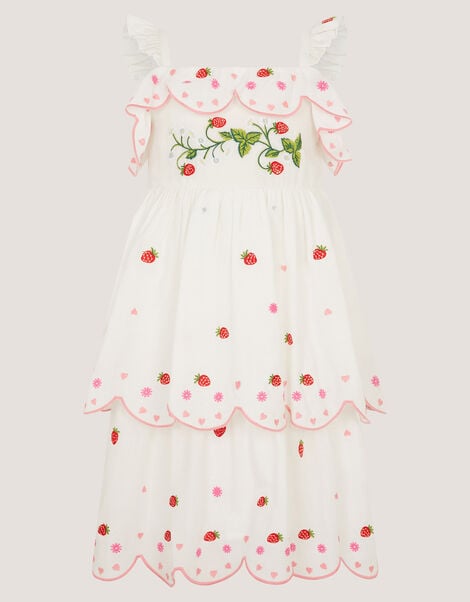 Strawberry Embroidered Tiered Dress, Ivory (IVORY), large