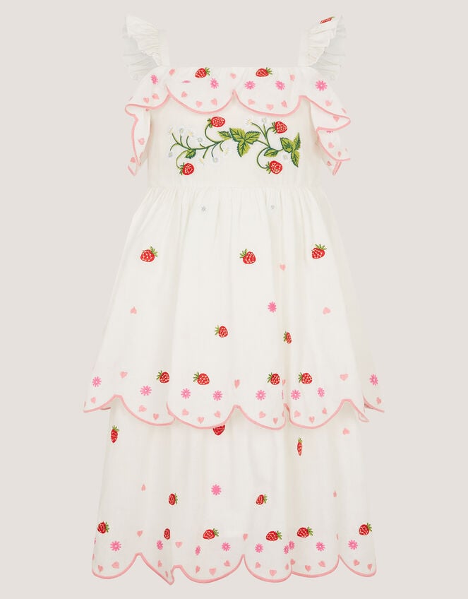Strawberry Embroidered Tiered Dress, Ivory (IVORY), large
