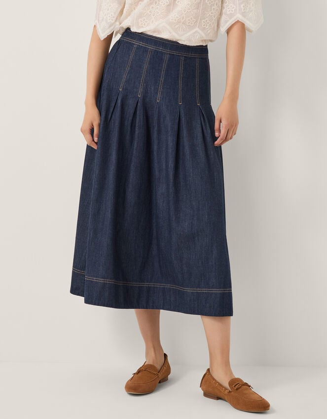 Darcie Pleated Denim Midi Skirt, Blue (INDIGO), large