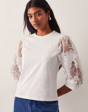 Fi Floral Sheer-Sleeve Top, Ivory (IVORY), large