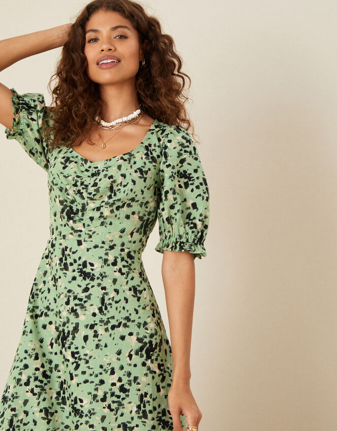 Printed Dress in Linen Blend, Green (KHAKI), large