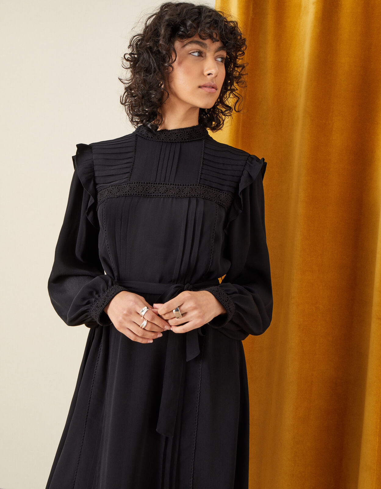 Victoriana Lace Trim Dress Black