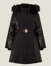 Shine Panel Belted Coat, Black (BLACK), large