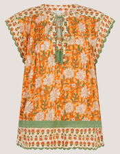 Carris Floral Scallop Trim Top, Orange (ORANGE), large