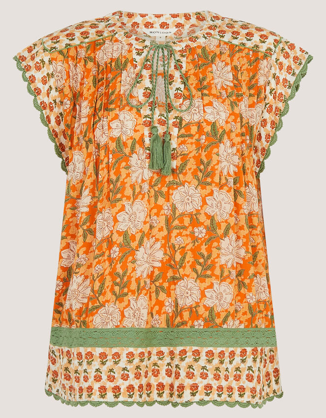 Carris Floral Scallop Trim Top, Orange (ORANGE), large