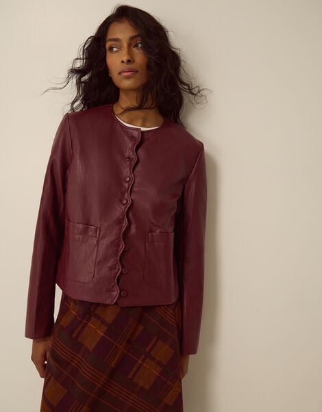 Penelope Scallop Faux Leather Jacket, Red (BERRY), large