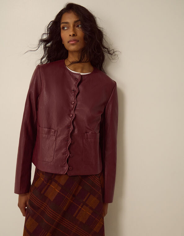 Penelope Scallop Faux Leather Jacket, Red (BERRY), large