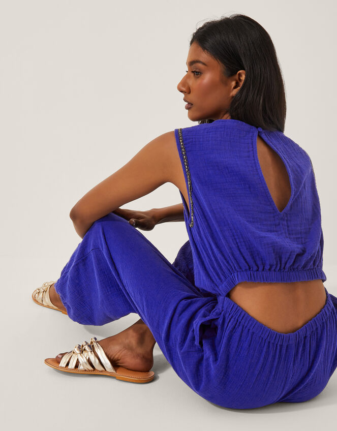 Mila Embellished Sleeveless Jumpsuit, Blue (BLUE), large