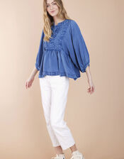 East Cinzia Tiered Denim Top, Blue (DENIM BLUE), large