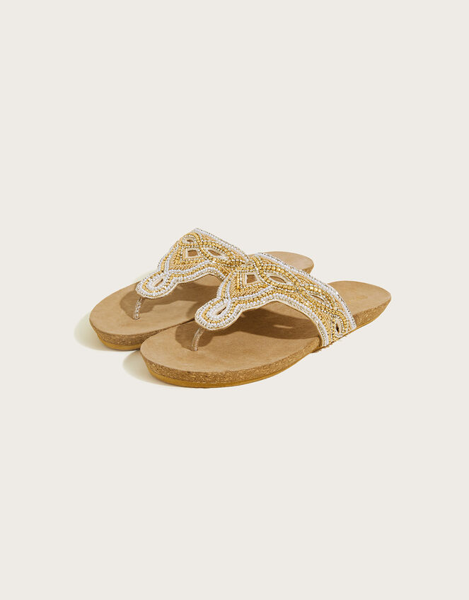 Embellished Leather Footbed Sandals , Gold (GOLD), large