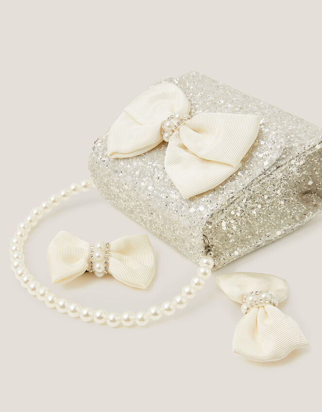 Glitter Pearl Bow Handbag & Hair Clips Set, , large