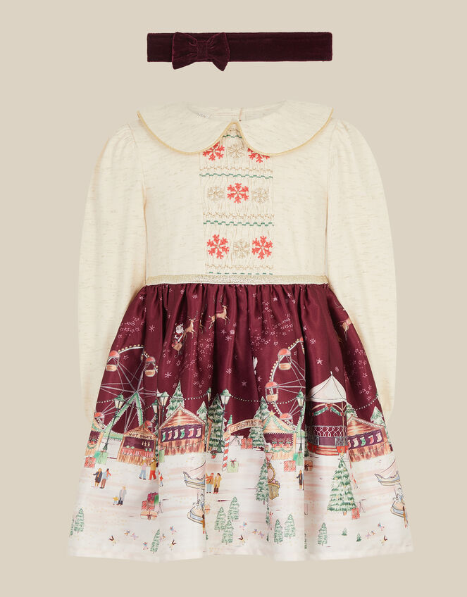 Baby Christmas Scene Dress & Headband, Red (BURGUNDY), large