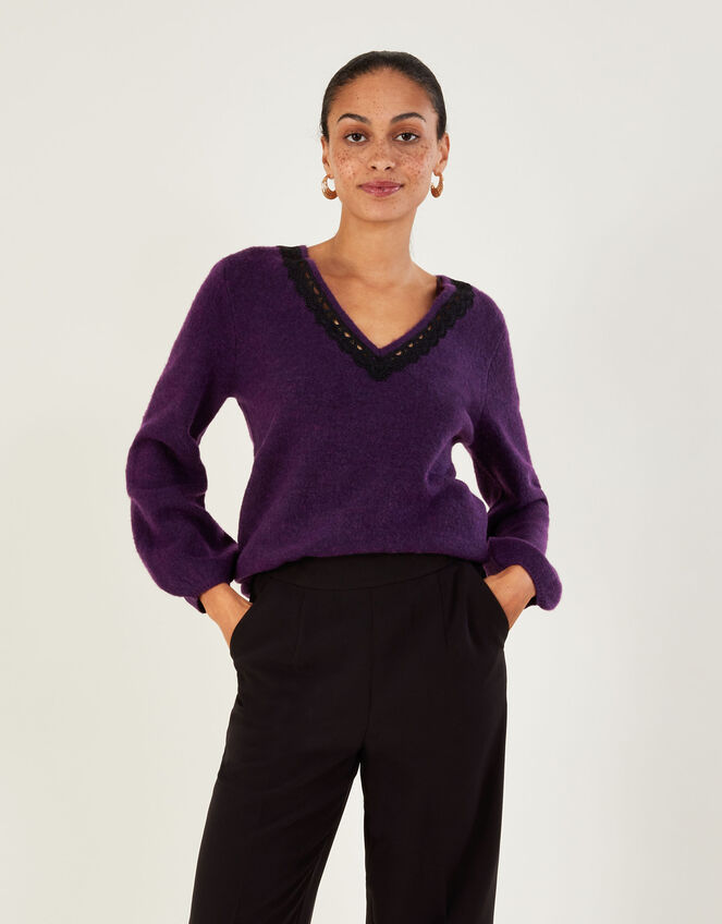 V-Neck Lace Edge Sweater with Recycled Polyester, Purple (PURPLE), large