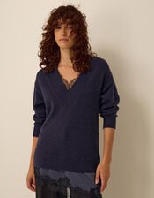 Lilah Lace Trim Sweater, Blue (NAVY), large