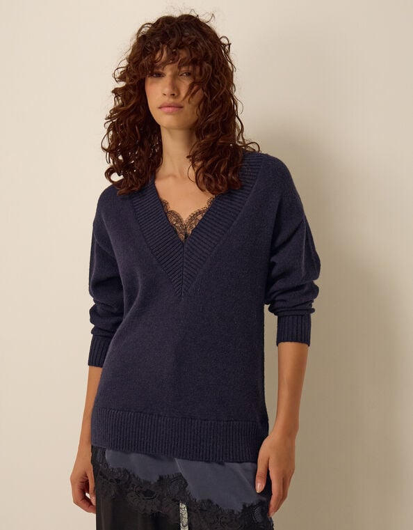 Lilah Lace Trim Sweater, Blue (NAVY), large