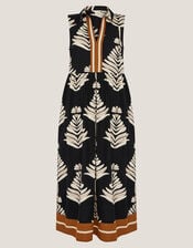 Pamela Linen Blend Leaf Print Midi Dress, Black (BLACK), large