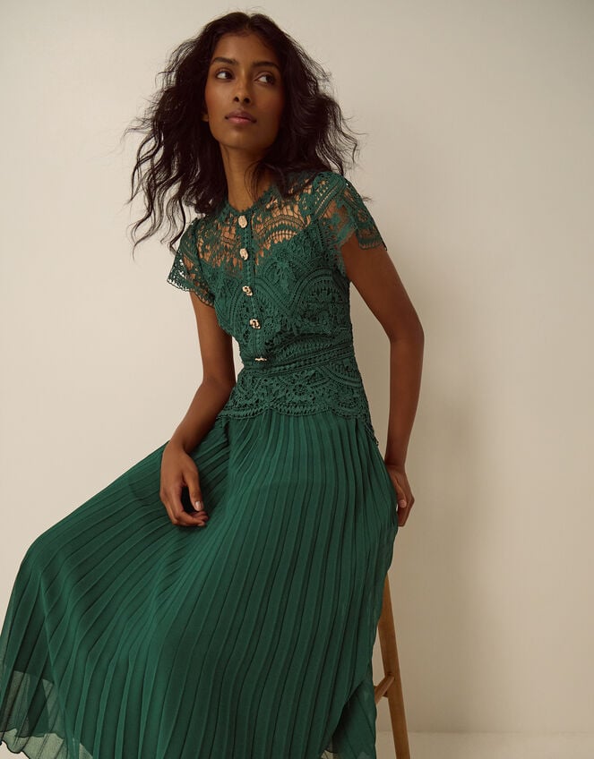 Mila Lace Pleated Midi Dress, Green (GREEN), large