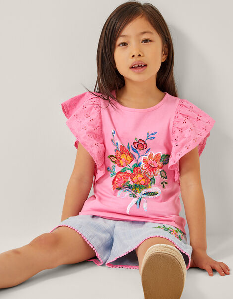 Floral Bouquet Broderie Frill Top, Pink (PINK), large