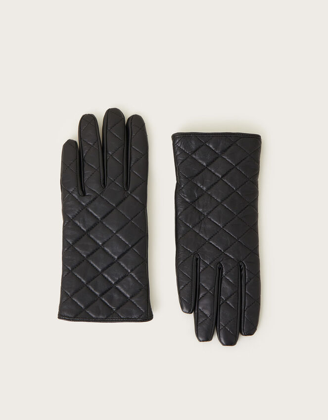 Quilted Leather Gloves, Black (BLACK), large