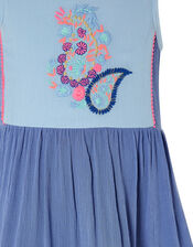 Paisley Embroidered Frill Maxi Dress, Blue (BLUE), large