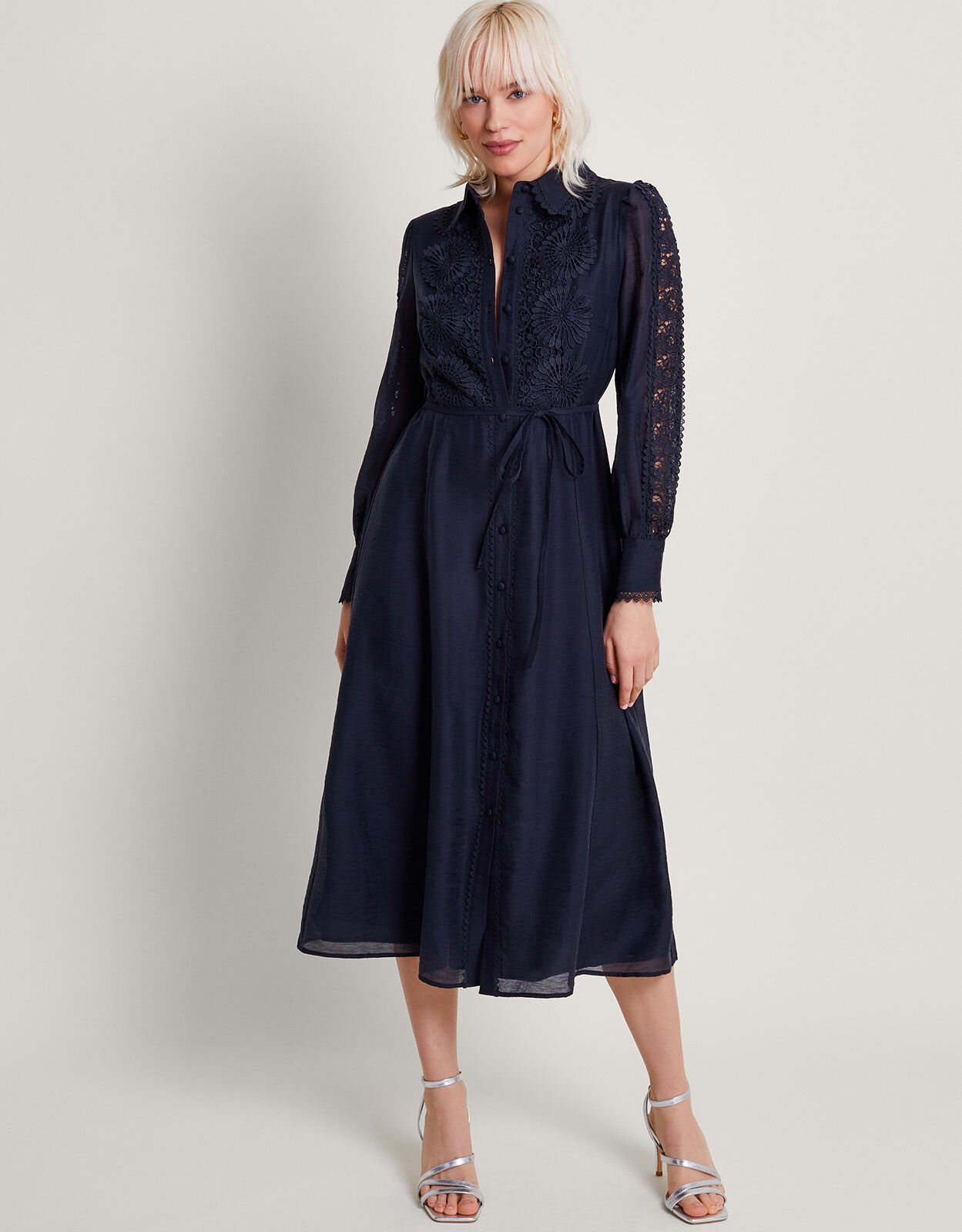 Navy blue silk shirt dress hot sale