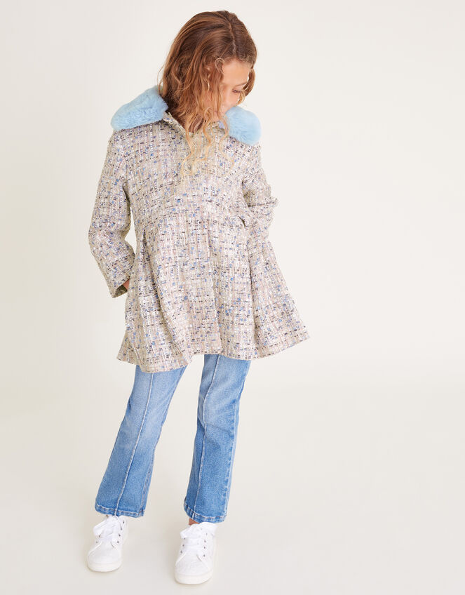 Sparkle Tweed Faux Fur Collar Coat, Blue (BLUE), large