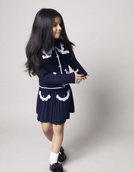 Crochet Knit Pleated Skirt, Blue (NAVY), large