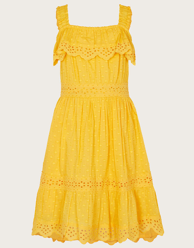 Broderie Trim Strappy Dobby Dress, Yellow (YELLOW), large
