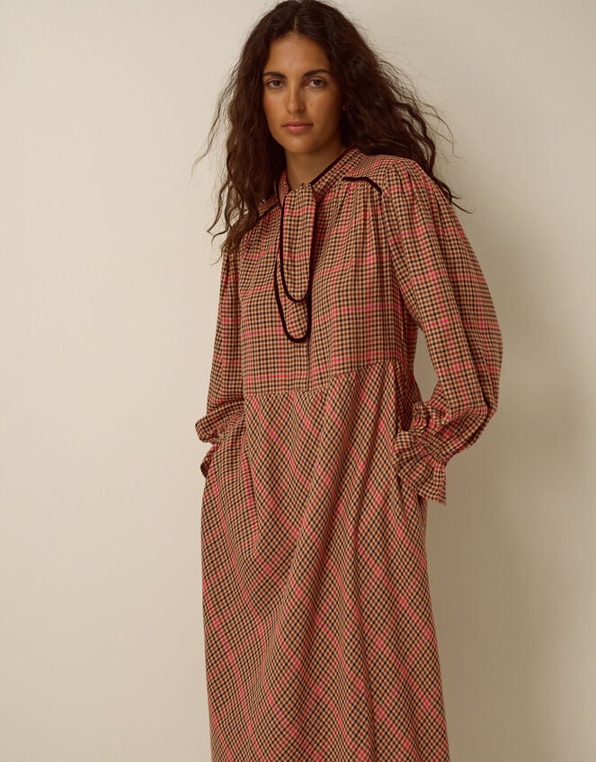 Shelly Neck Tie Check Midi Dress, Pink (PINK), large