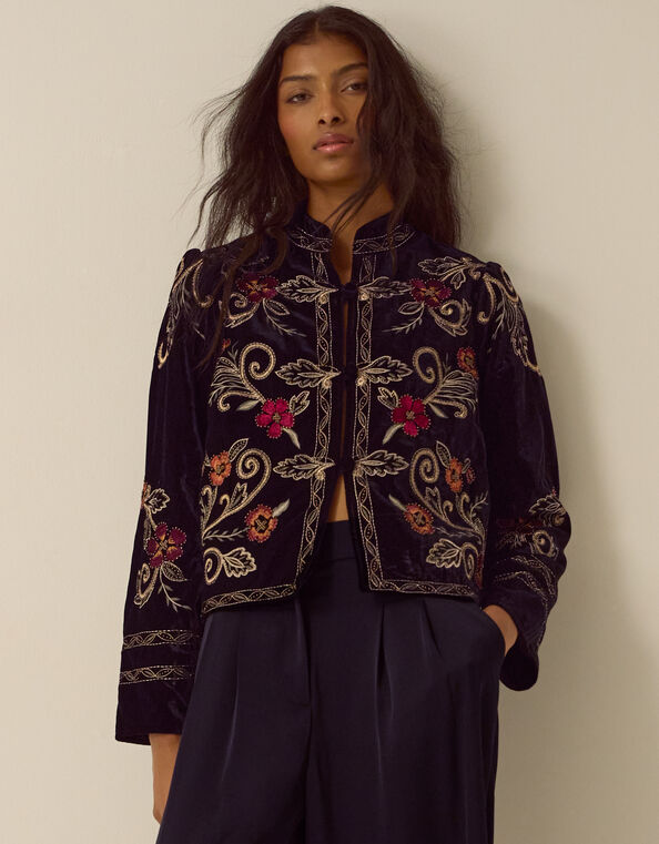 Frankie Floral Embroidered Velvet Jacket, Black (BLACK), large