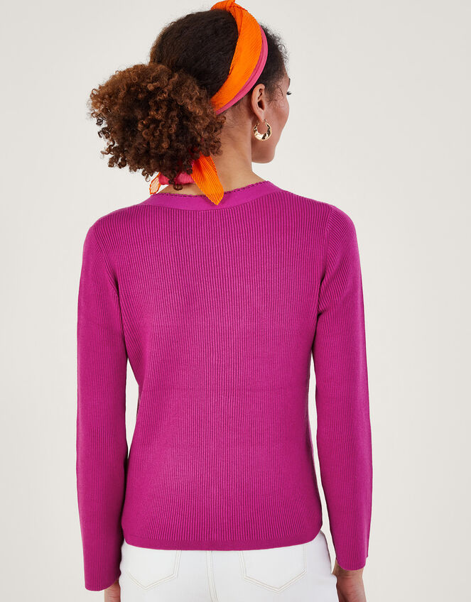 V-Neck Ribbed Cardigan, Pink (PINK), large