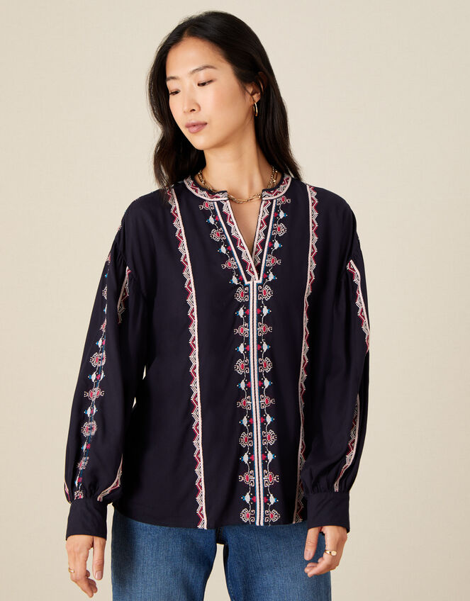 Stripe Embroidered Blouse in LENZING™ ECOVERO™, Blue (NAVY), large