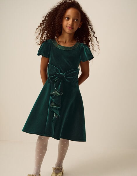 Genevieve Sequin Bow Velvet Party Dress, Green (GREEN), large