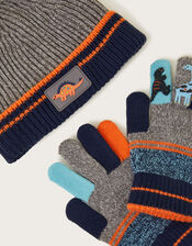 Dinosaur Stripe Beanie Hat and Gloves Set, Multi (MULTI), large