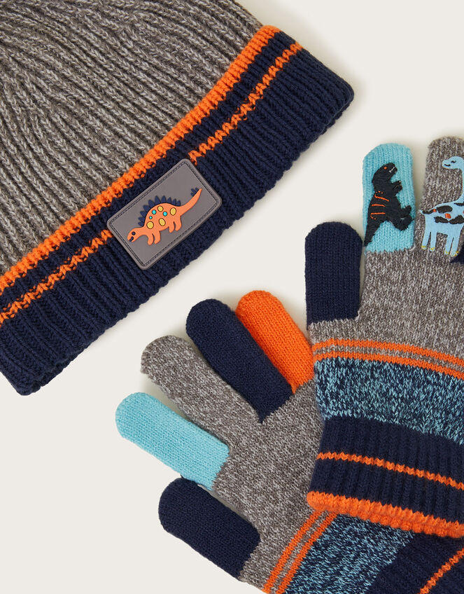 Dinosaur Stripe Beanie Hat and Gloves Set, Multi (MULTI), large