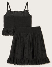 Floral Broderie Cami Top and Skirt Set, Black (BLACK), large