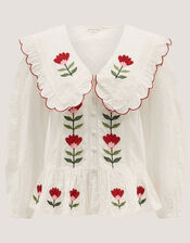 Talia Tulip Embroidered Scallop Collar Top, White (WHITE), large