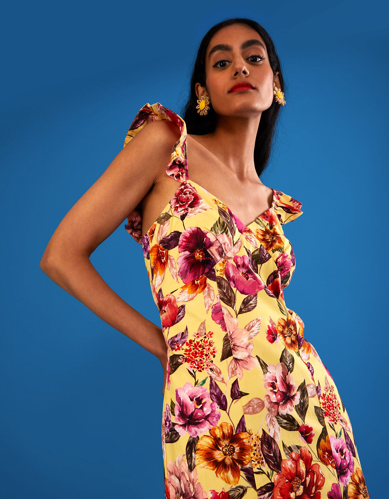 Bethany Floral Midi Dress in Sustainable Cotton Yellow 150