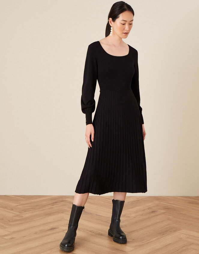 Square Neck Pleated Dress, Black (BLACK), large
