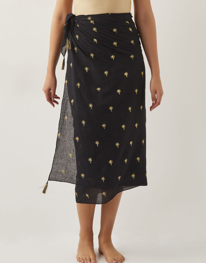 Ivy Palm Embroidered Sarong, Black (BLACK), large