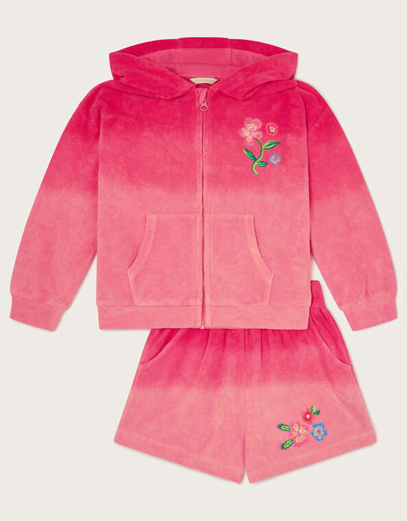Floral Ombré Terry Zip Hoodie and Shorts Set, Pink (PINK), large