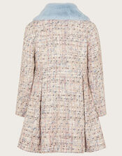 Sparkle Tweed Faux Fur Collar Coat, Blue (BLUE), large