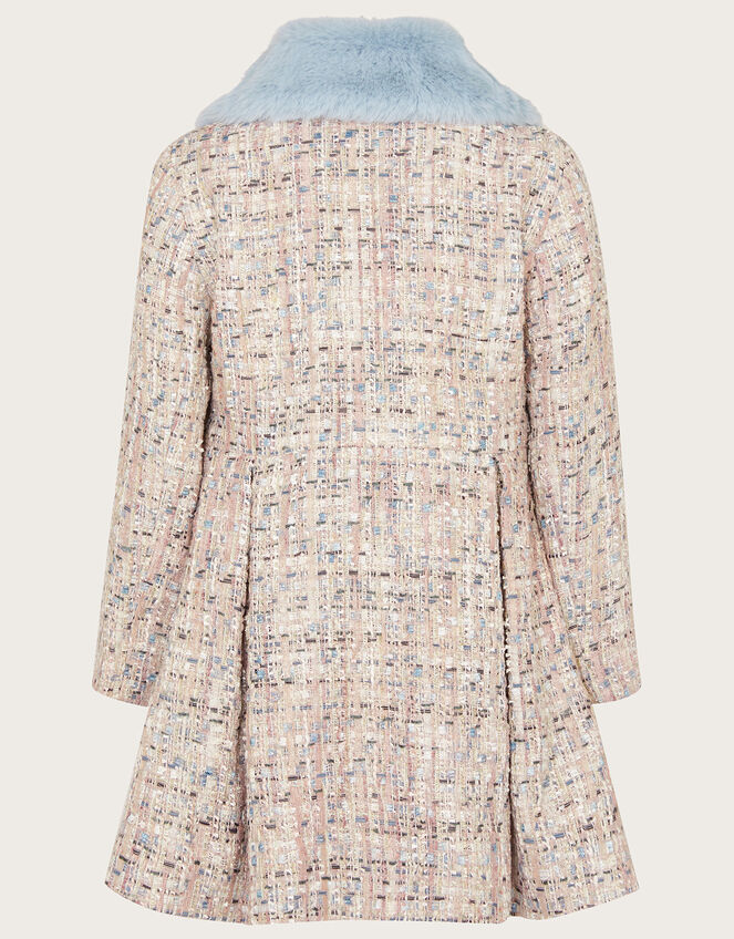 Sparkle Tweed Faux Fur Collar Coat, Blue (BLUE), large