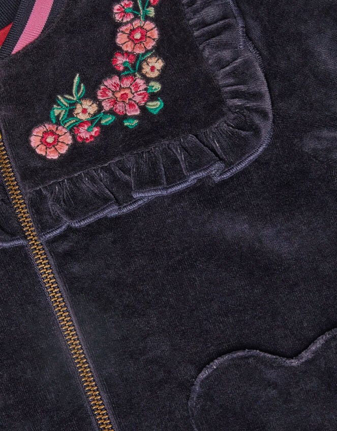 Embroidered Collar Velour Bomber Jacket, Blue (NAVY), large