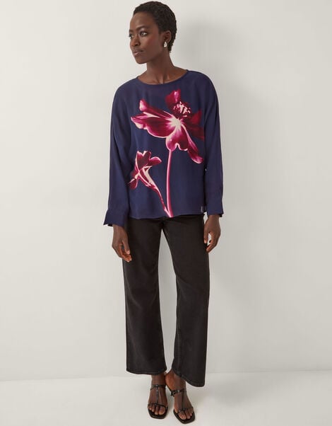 Polly Floral Print Blouse , Blue (NAVY), large