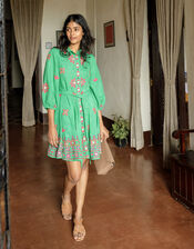 Embroidered Shirt Dress in Linen Blend, Green (GREEN), large