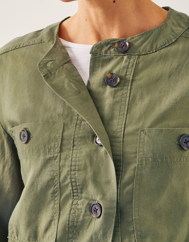 Cally Linen Blend Cropped Bomber Jacket, Green (KHAKI), large