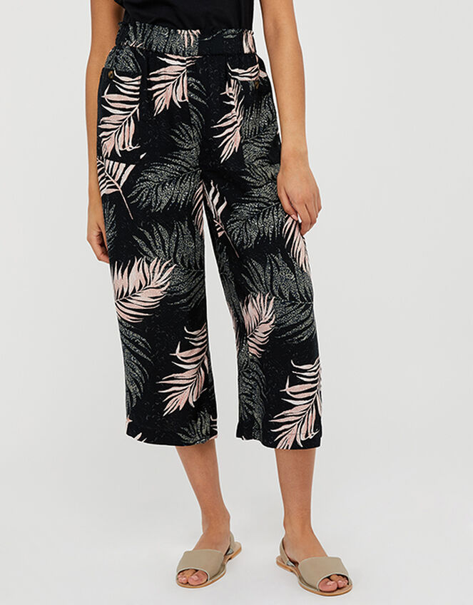 Palm Print Culottes in Recycled Fabric, Black (BLACK), large